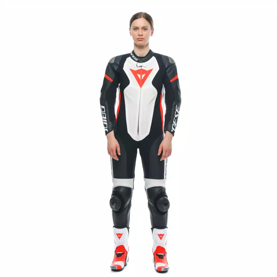 GROBNIK - WOMEN'S 1-PIECE MOTORCYCLE PERFORATED LEATHER SUIT - BLACK/WHITE/FLUO-RED - 6