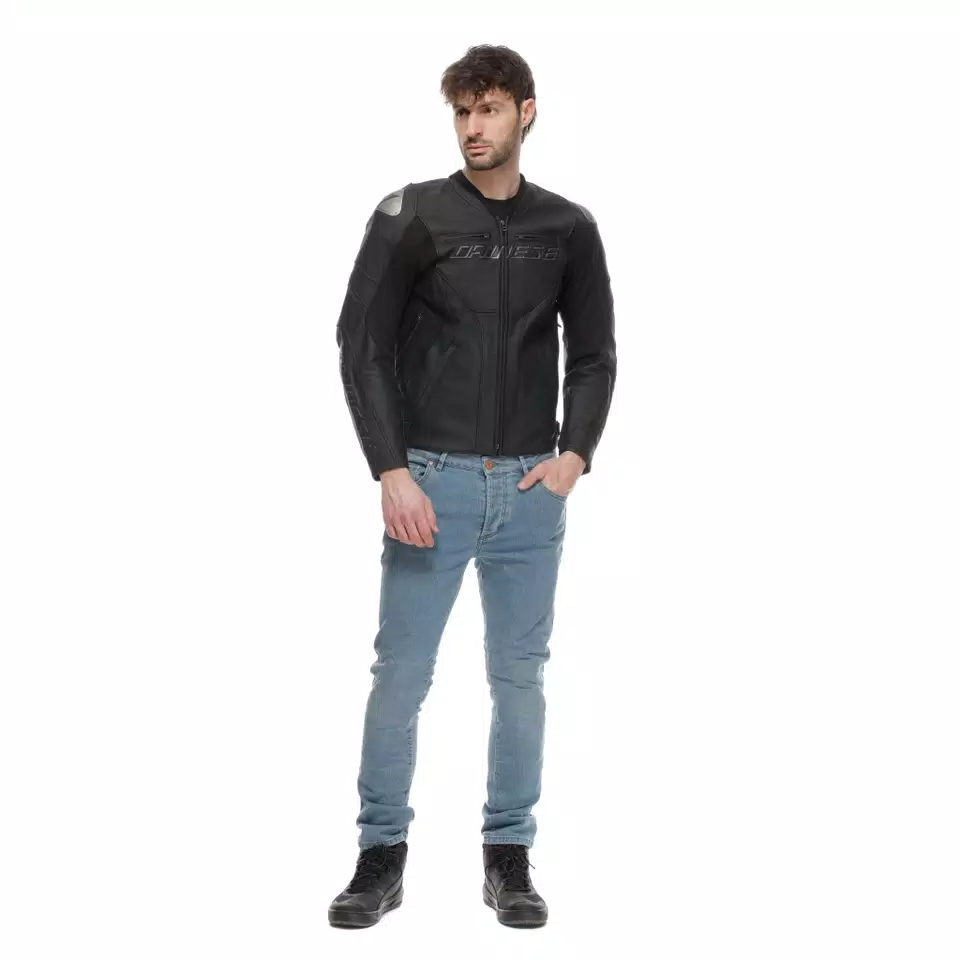 RACING 5 - MEN LEATHER MOTORCYCLE JACKET SHORT/TALL FIT (S/T) - BLACK/BLACK/BLACK - 3