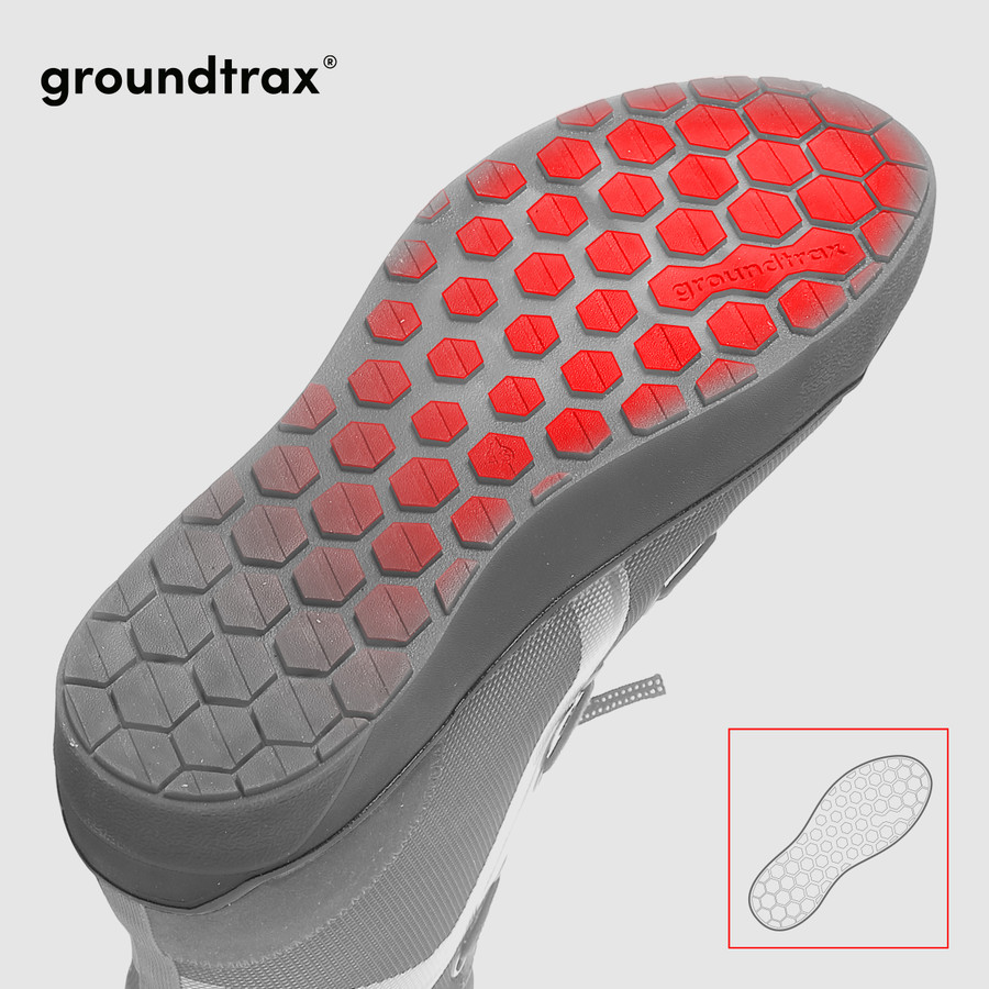 Groundtrax® wear-resistant rubber outsole, designed to offer a superior stability 