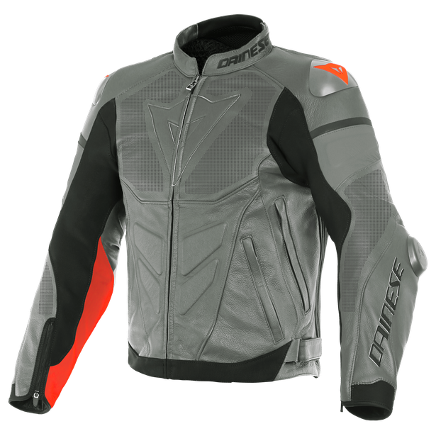 SUPER RACE PERF. LEATHER JACKET CHARCOAL-GRAY/CH.-GRAY/FLUO-RED- Jacken