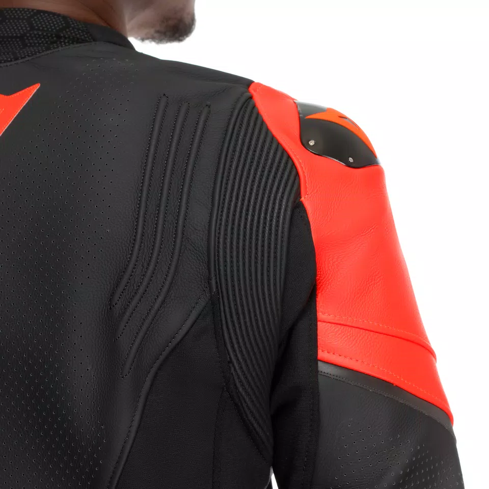 RACING 5 - MEN PERFORATED LEATHER MOTORCYCLE JACKET - BLACK/BLACK/RED-FLUO - 14