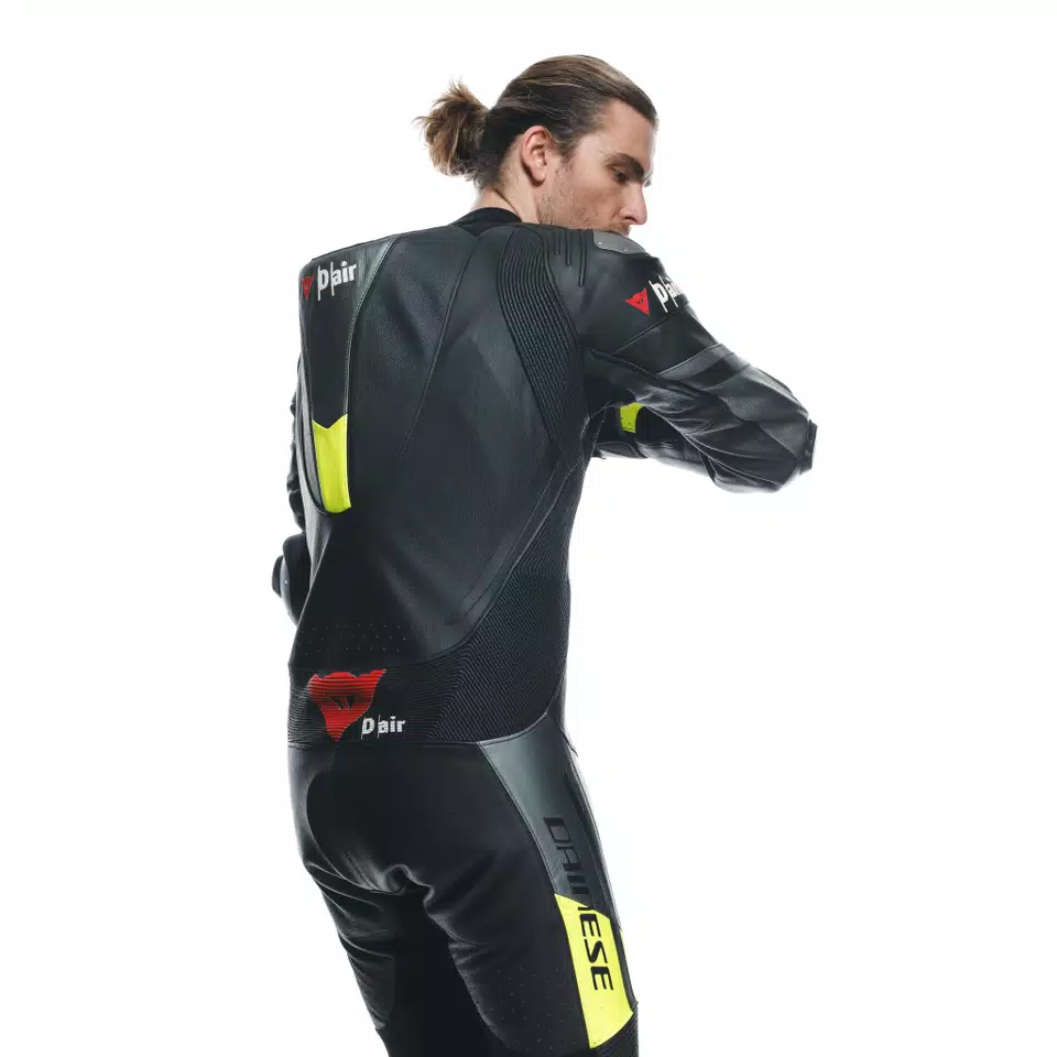 MISANO 3 D-AIR&reg; - MEN'S 1-PIECE MOTORCYCLE PERFORATED LEATHER SUIT WITH AIRBAG - BLACK/ANTHRACITE/YELLOW-FLUO - 12