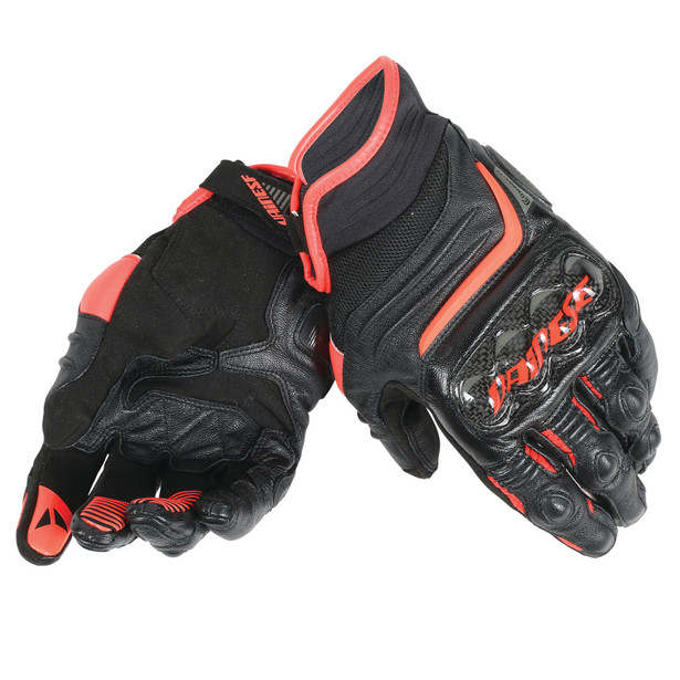 CARBON D1 SHORT GLOVES BLACK/BLACK/FLUO-RED- Leather