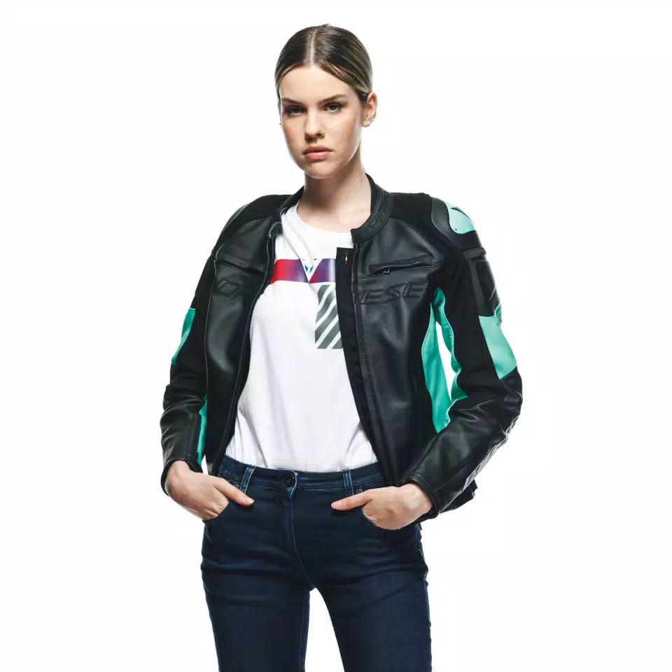 RACING 4 LADY LEATHER JACKET | BLACK/ACQUA-GREEN | Dainese