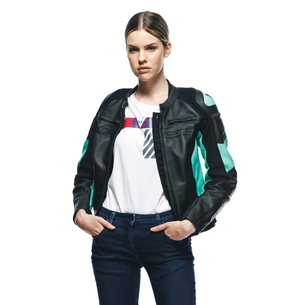 RACING 4 LADY LEATHER JACKET BLACK/ACQUA-GREEN- Giacche donna