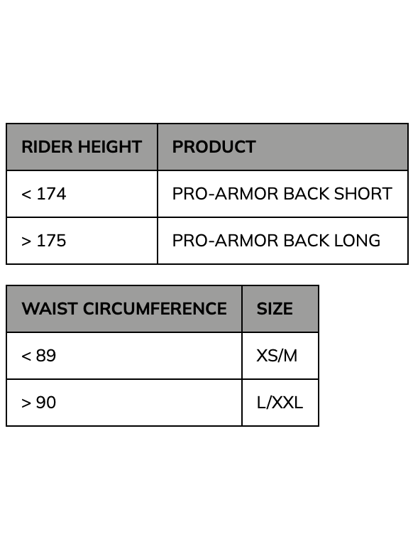 Pro-Armor 2.0 size chart