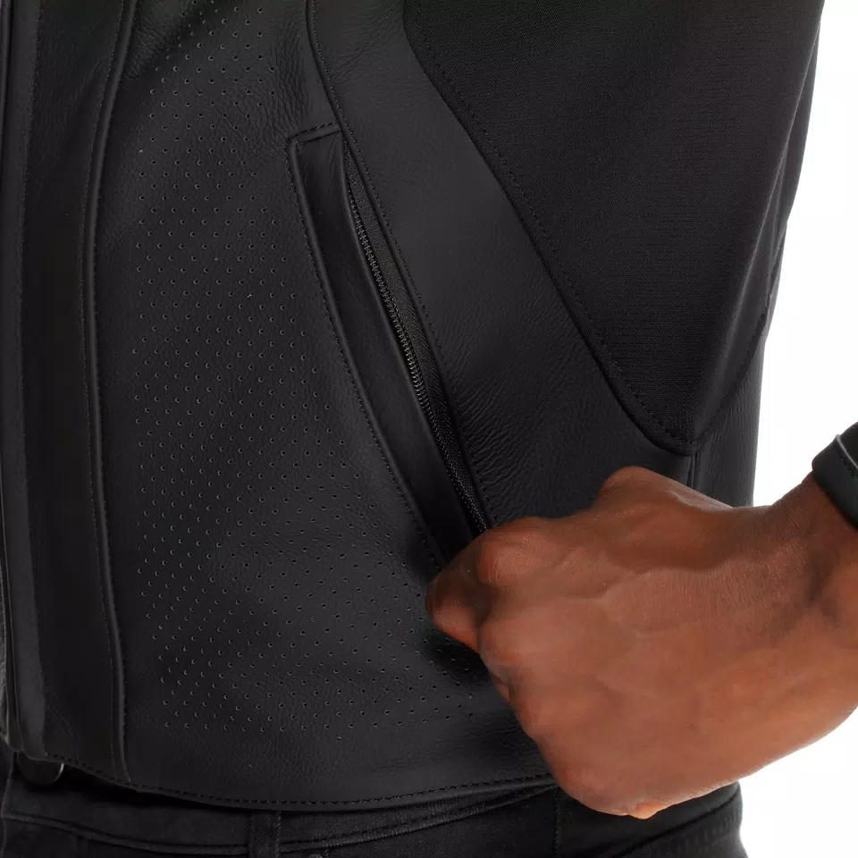 RACING 5 - BLOUSON MOTO EN CUIR PERFORÉ HOMME - BLACK/BLACK/RED-FLUO - 12