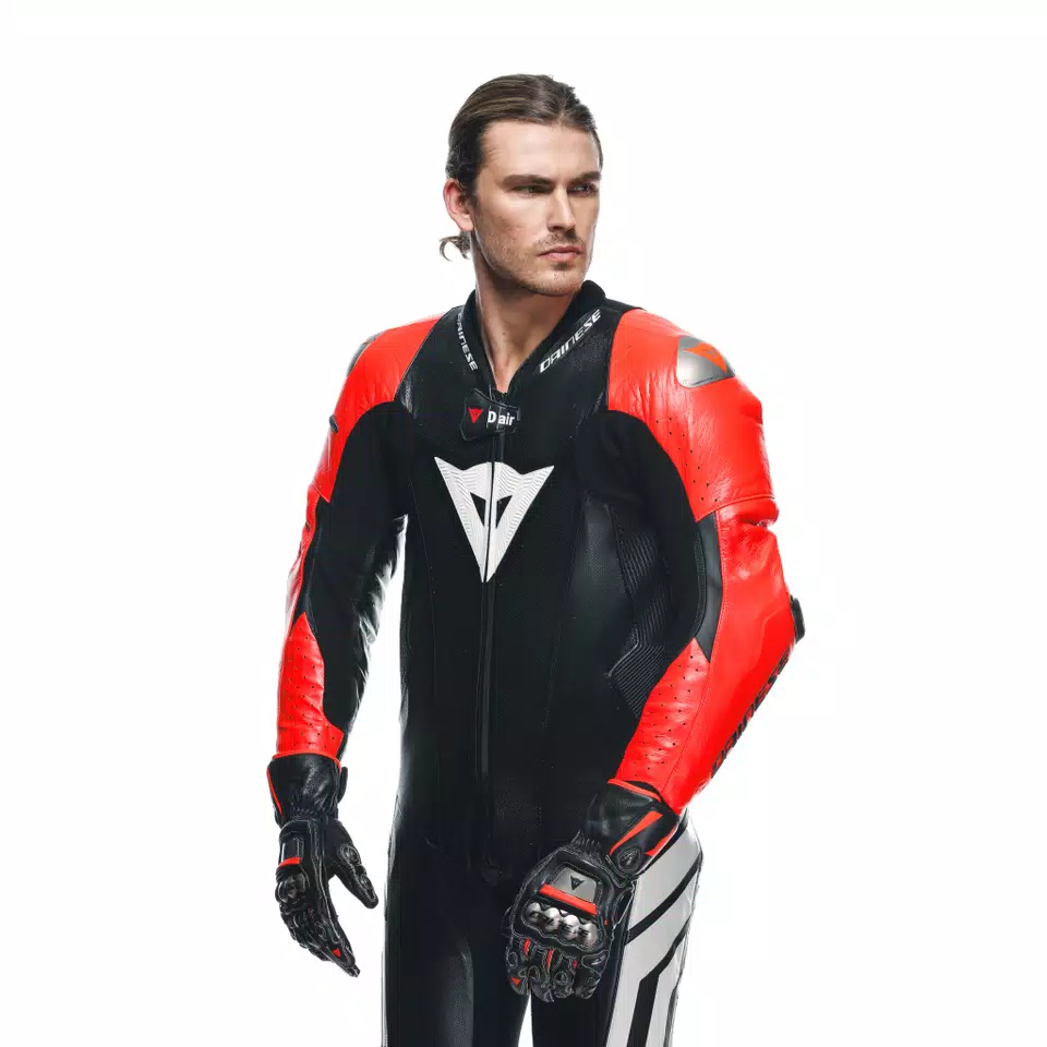 MUGELLO 3 D AIR MEN S 1 PIECE MOTORCYCLE PERFORATED LEATHER SUIT WITH AIRBAG BLACK FLUO RED WHITE Dainese
