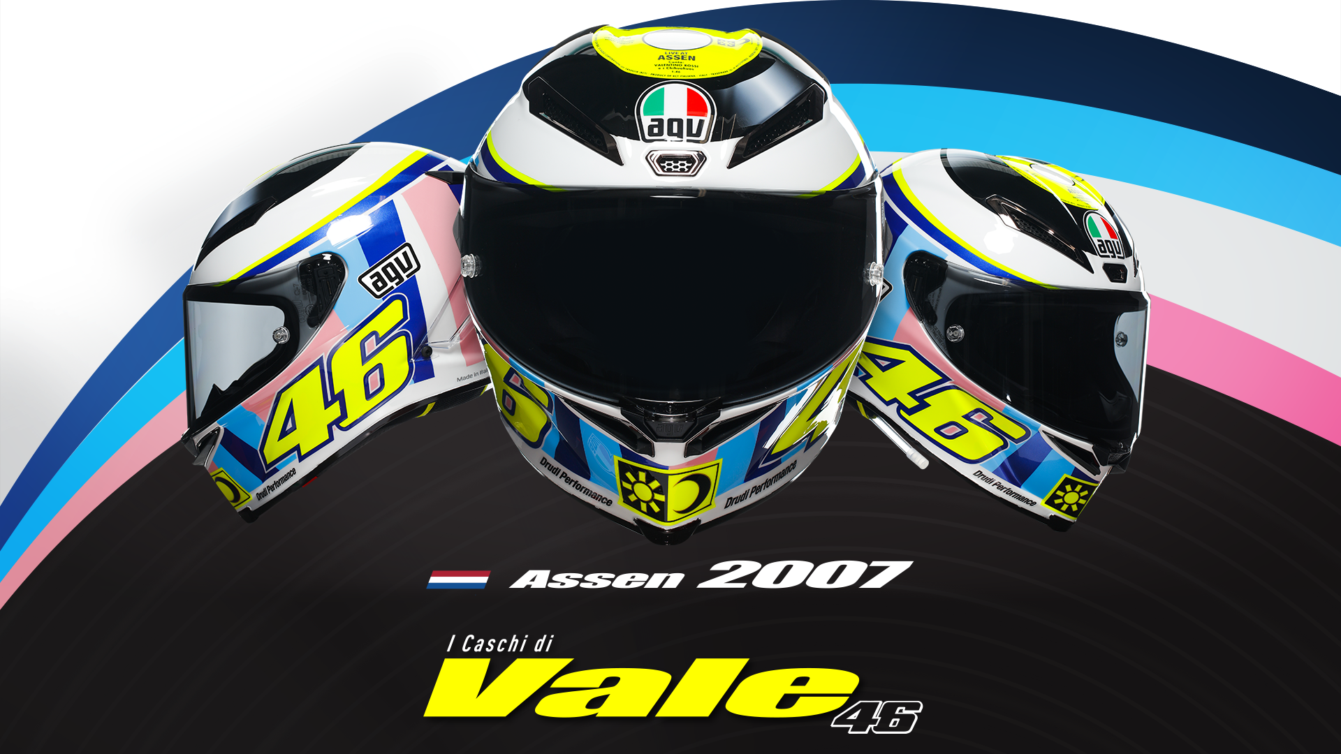 CASCO AGV PISTA GP RR ECE 2206 DOT LIMITED EDITION VALENTINO ROSSI ASSEN  2007 BLANCO AZUL AMARILLO FLUOR ROSA - Motos Garrido